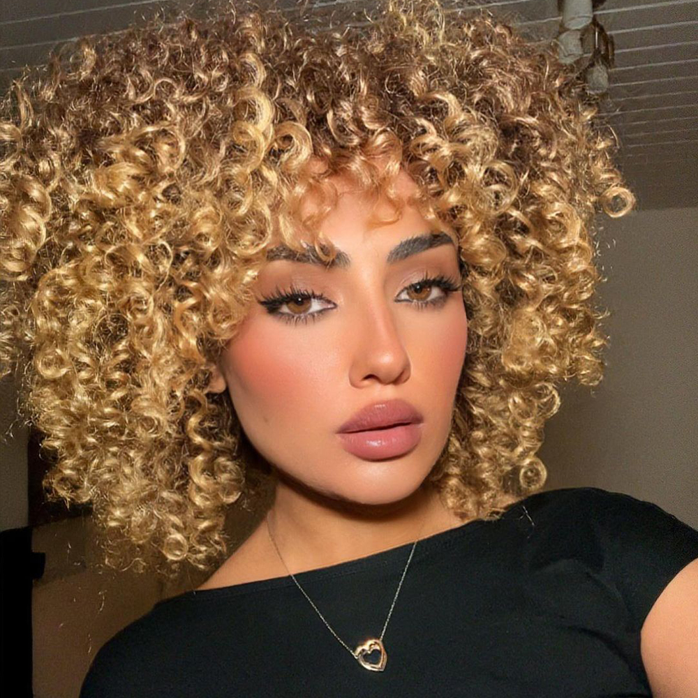 Pelucas rizadas rubias para mujer, pelucas rizadas Afro cortas con flequillo, peluca de repuesto de cabello sintético resistente al calor con gorros de peluca