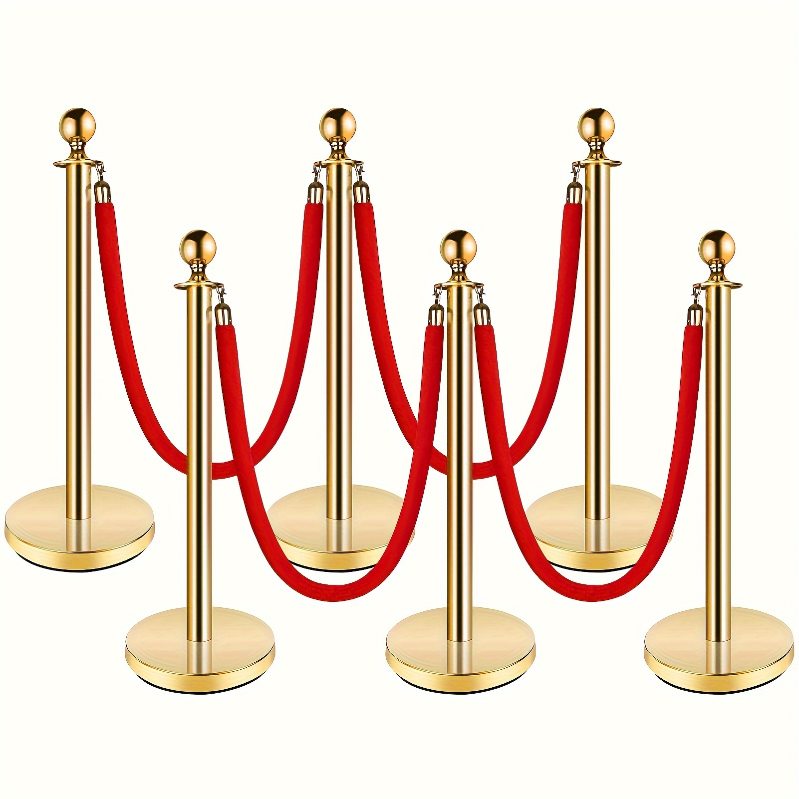 Postes de Bienvenida Dorados de 6 Piezas, Postes de Conserjería para Hoteles con Cuerdas, Postes de Barrera de Lujo de Acero Inoxidable con Bola, Barandillas para Filas de Banco, Postes de Valla