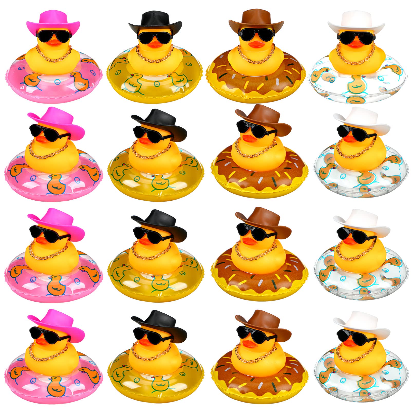 6/12/24 patos de goma vaqueros, mini patitos de goma con mini sombrero de vaquero, flotador, collar y gafas de sol para juguetes de bañera y coche