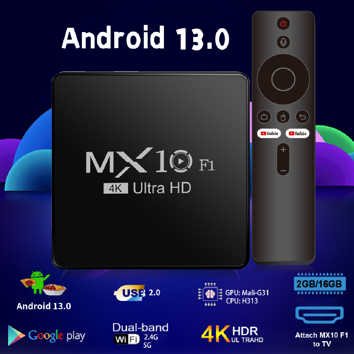 Android Smart TV Box Allwinner H313 MX10 F1 Cortex ™ Decodificador de TV A53 con Android 13, Wi-Fi 2.4G integrado + BT5.0