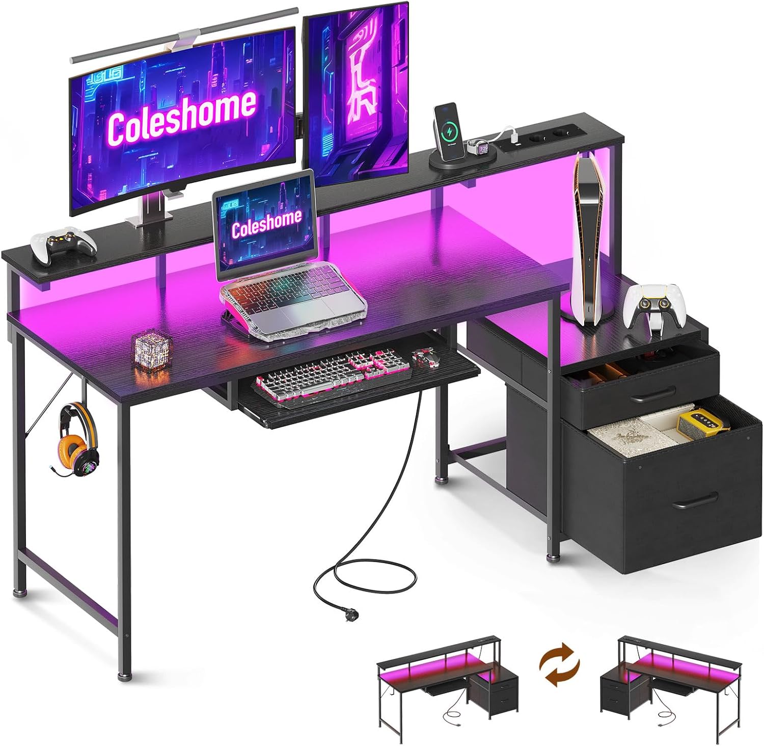 Coleshome Gaming-Schreibtisch mit LED, 140 x 48 cm, schwarz, Stoffschubladen, 2 Steckdosen und 2 USB-Anschlüssen, Monitorständer für das Heimbüro