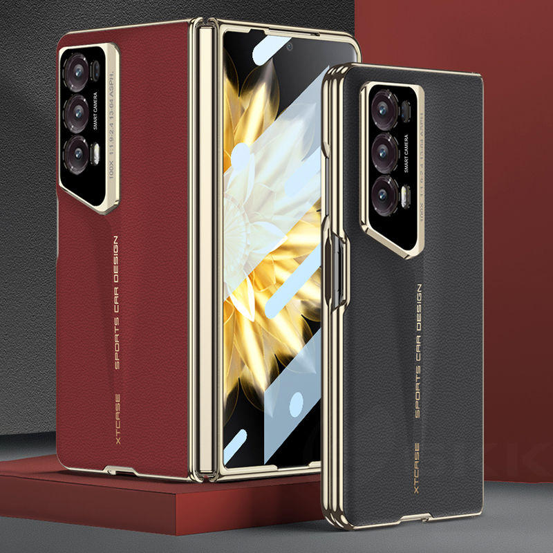 Luxe plating geschilderd lederen tas voor Honor Magic V2 buitenste glasbeschermer Armor Blade Style Cover voor Honor Magic V2 Case