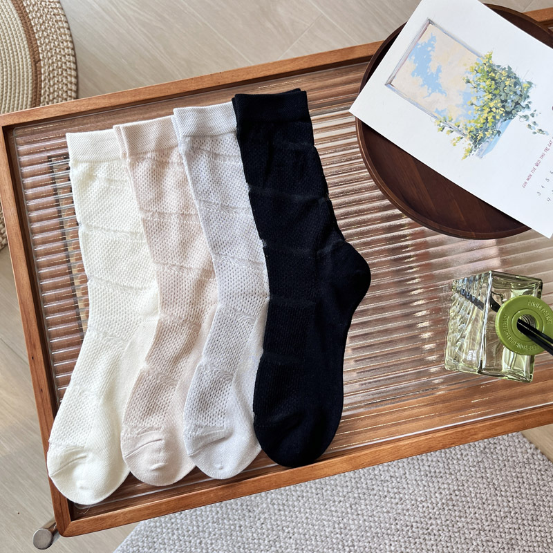 Women's Spring Summer Socks Breathable Solid Color Ins Mesh Pattern Lady Pile Soft Cotton Sweat Absorbing Antibacterial Sock
