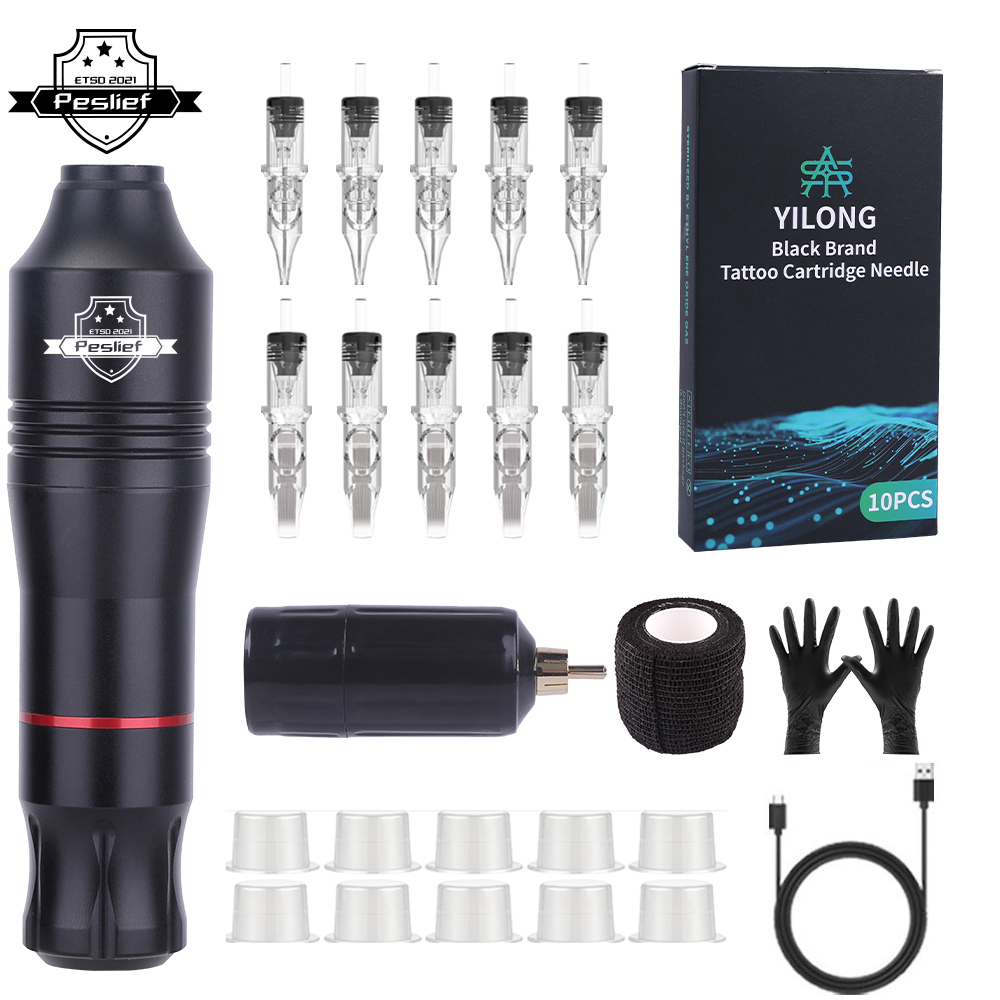 Kit de tatuagem sem fio, conjunto de máquina de tatuagem rotativa com 10 peças de cartucho de agulhas, ferramentas de maquiagem permanente para artista de tatuagem