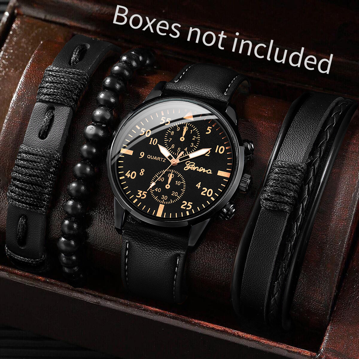 4PCS Relojes de negocios para hombres Reloj de cuarzo analógico con correa de cuero de moda con juego de pulseras tejidas (sin caja)