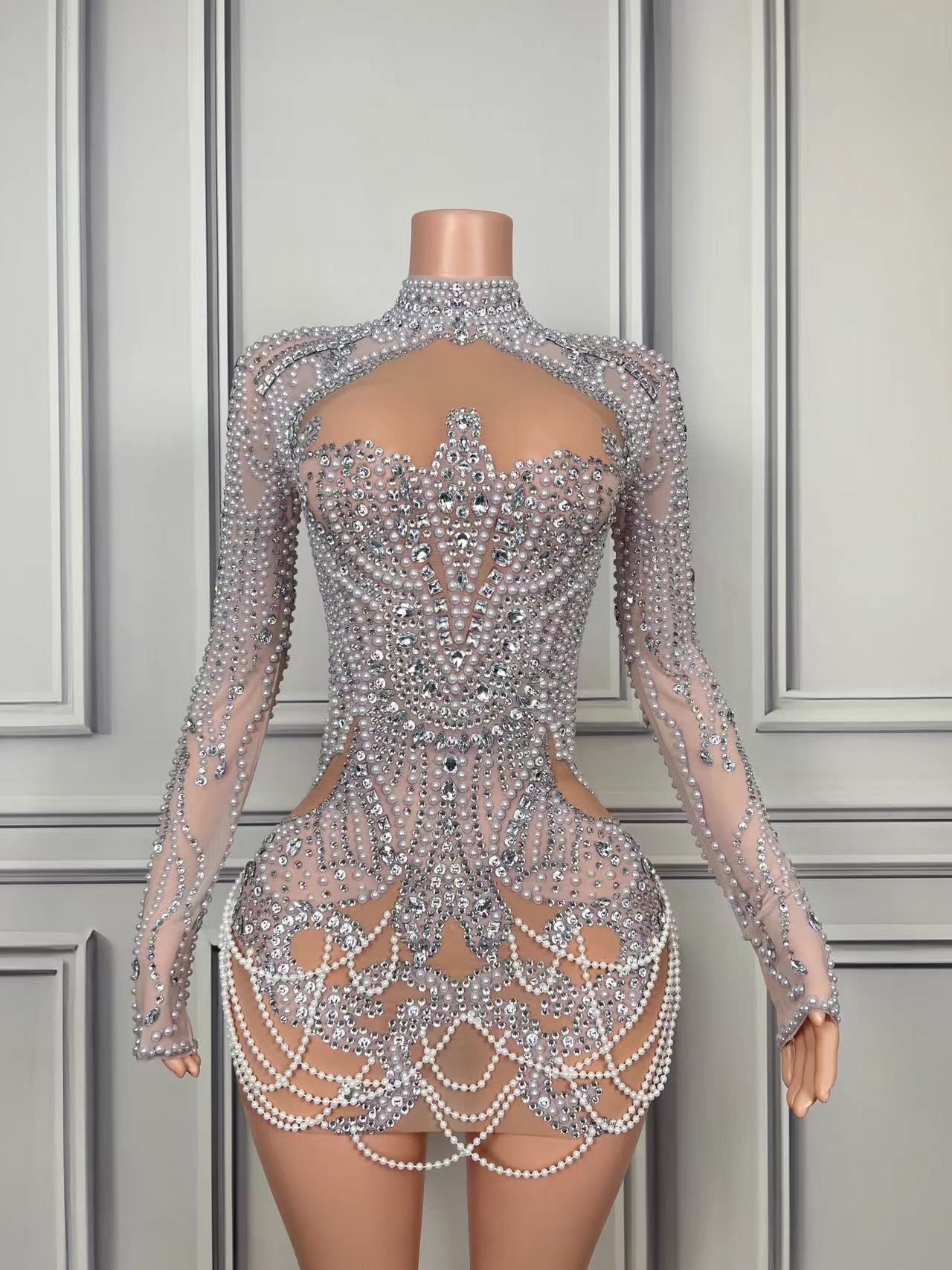 Luxuriöses volles Strass-Perlen-Kurzkleid für Damen, Abendkleid, Abschlussball, Feiern, sexy Mesh, transparent, Sängerin, Show, Partykleidung