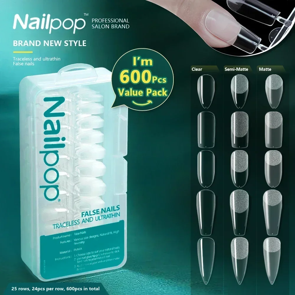 Nailpop 600 Uds PRO uñas postizas cobertura completa puntas de uñas postizas cápsulas de uñas acrílicas Material profesional puntas de Gel para remojar los dedos