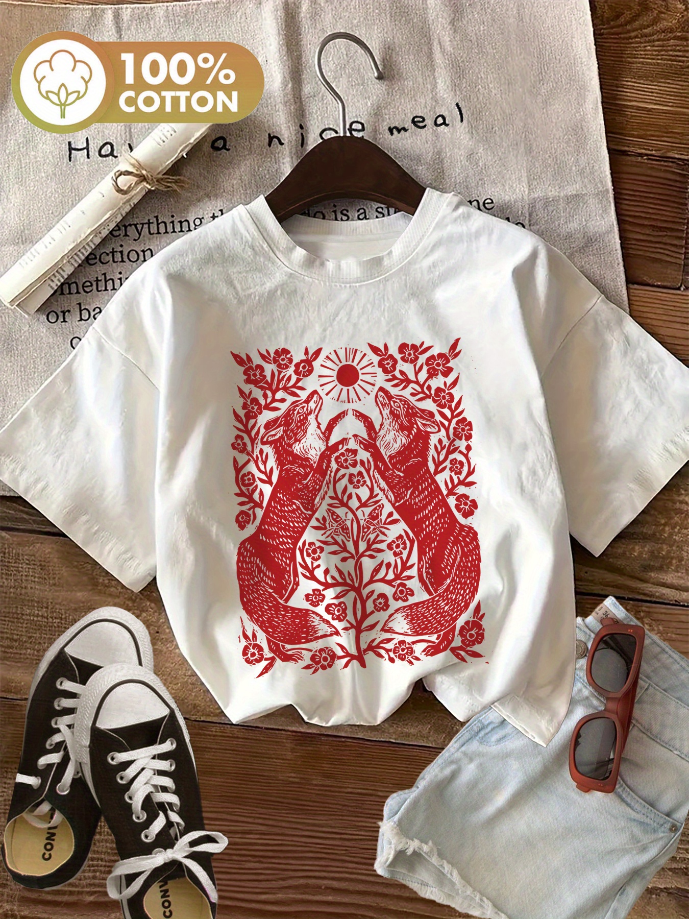 Damen-T-Shirt aus 100 % Baumwolle, kurzärmelig, Rundhalsausschnitt, rotes Blumen- und Schmetterlings-Grafikdruck, lässiges Oberteil für Frühling und Sommer
