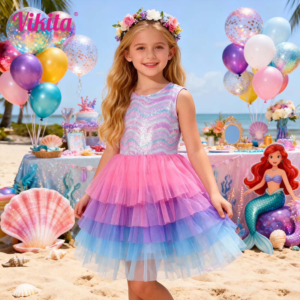 Vestido de Verão Sem Mangas para Meninas VIKITA, Vestido de Festa Colorido em Tule com Camadas e Listras Brilhantes