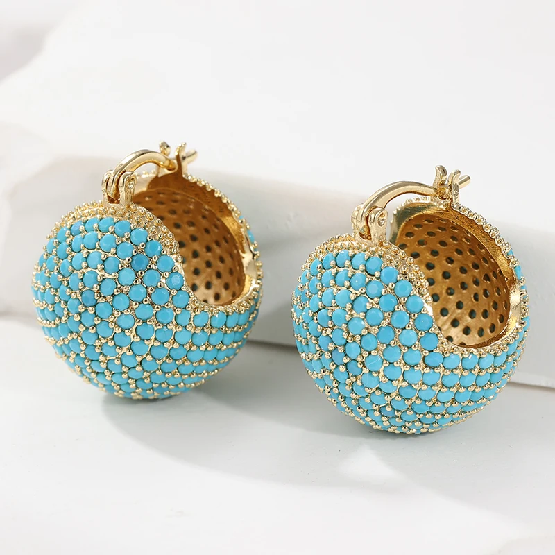 Prachtige mode gouden kleur damesoorbellen luxe ronde ingelegde imitatie turquoise hoepel oorbellen vrouw sieraden