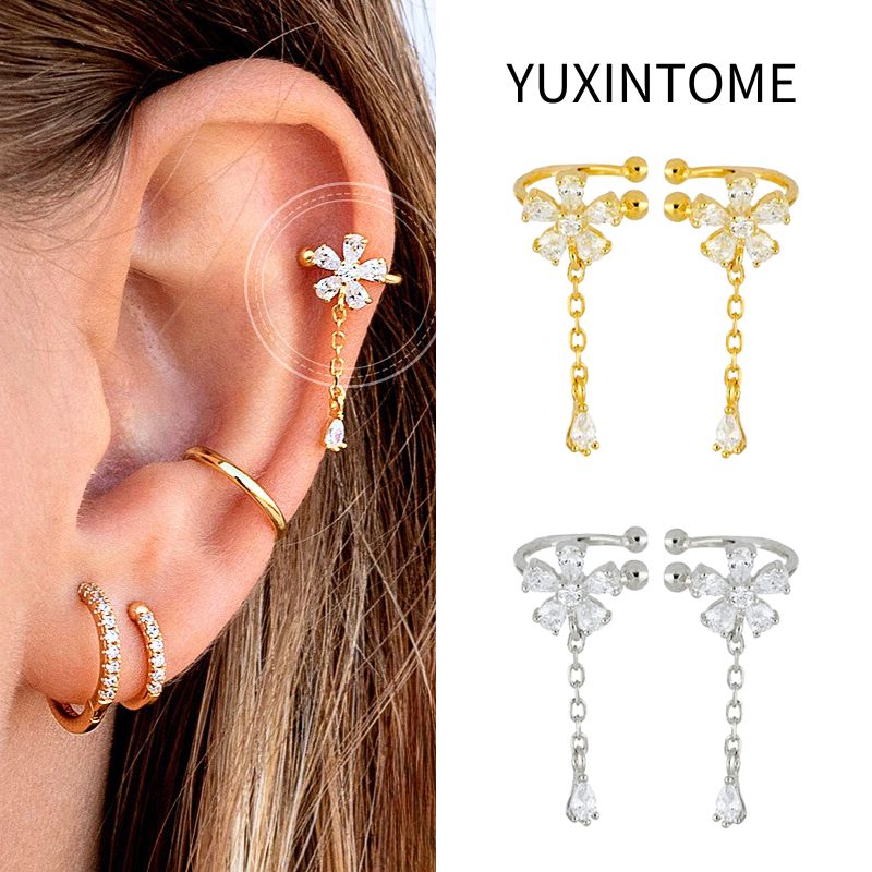 Pendientes chapados en oro de 24 quilates con forma de flor de cristal, gota de agua con pendientes de cadena colgantes para mujer, joyería para oreja de cartílago