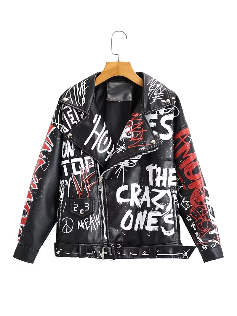 Chaquetas de piel sintética suave para mujer, abrigos para mujer, blanco, negro, PU, remache, cremallera, charretera, estampado 3D, ropa de calle para motocicleta 2024