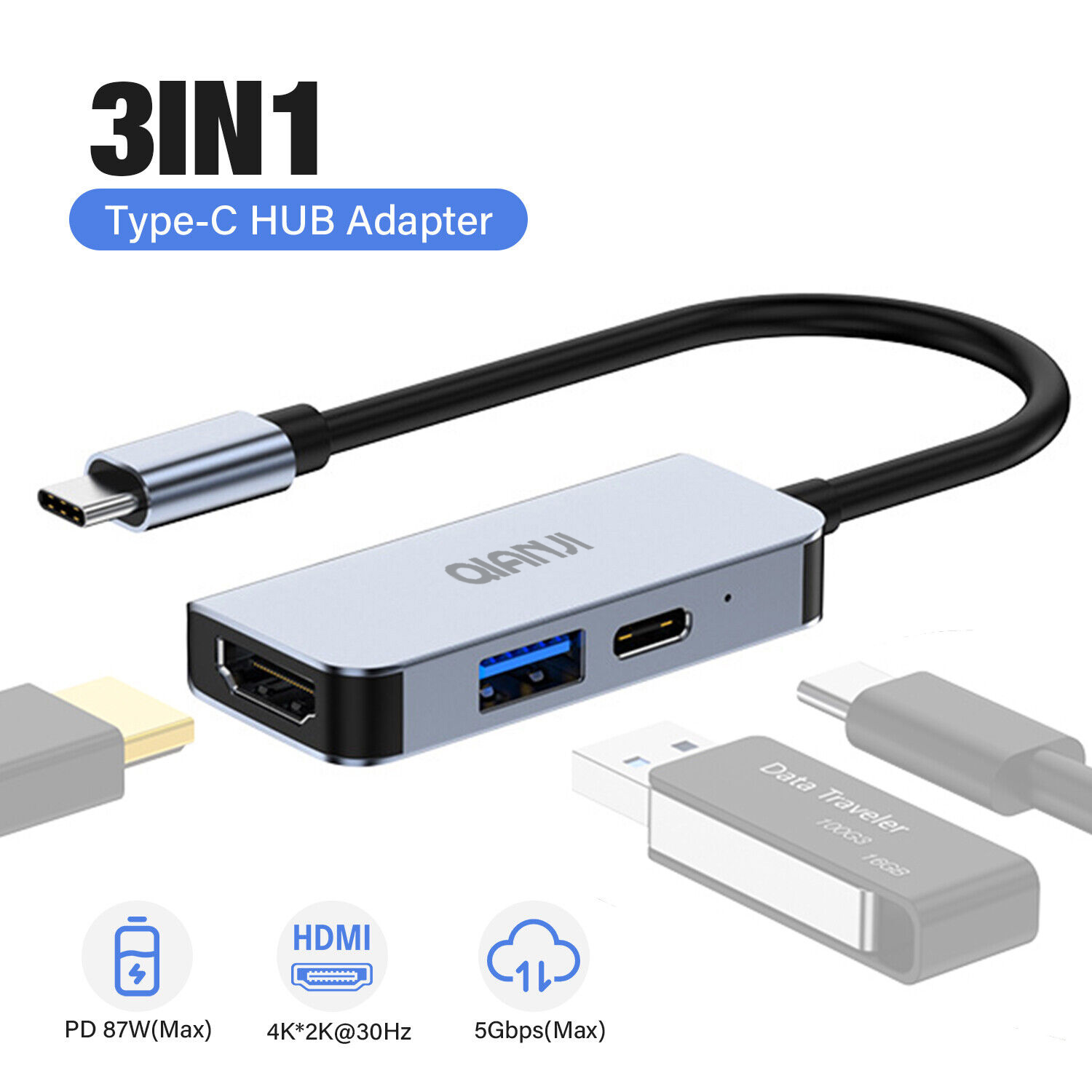 Adapter USB-C do HDMI z wieloma portami, Hub Type-C, Wyjście Thunderbolt 3, Port USB 3.0, Port ładowania 100W, Galaxy, MacBook, iPhone 15, iPad