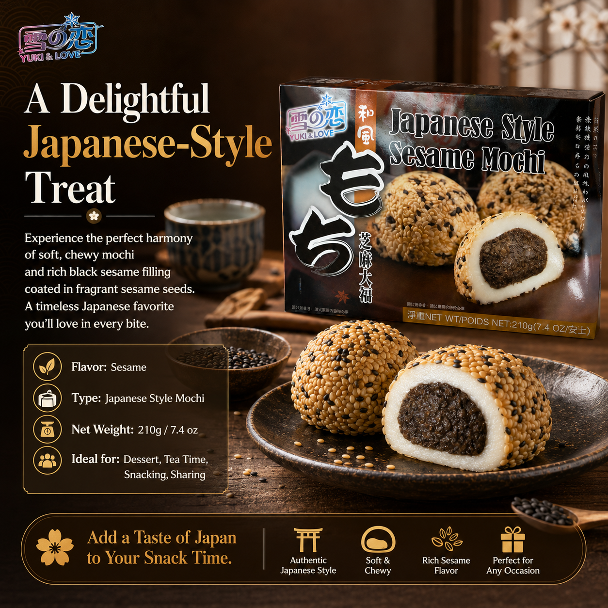 YUKI&LOVE Daifuku Mochi Japonés con Sésamo de 210g, Bolas de Arroz Glaseadas y Sedosas Rellenas de Sésamo Negro Aromático, Postre Europeo Ideal para Después de la Comida
