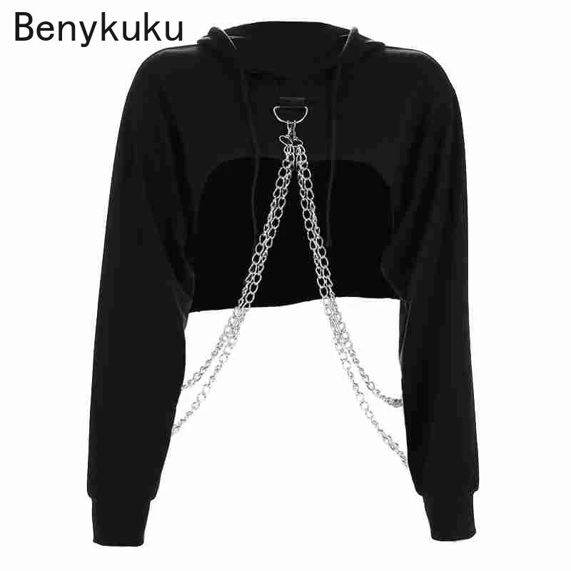 Black Cropped Hooded Sweatshirt Women Loose Chain Patchwork Pullover Goth Hoodie Punk Streetwear Sweat Femme Hoodies Gothic Top