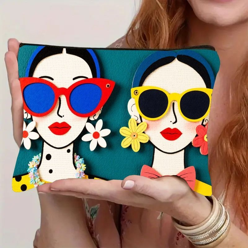 1 borsa per il trucco da donna con chiusura a cerniera: simpatico portamonete con faccia in cartone animato, sfondo verde acqua e accenti floreali rosso/blu/giallo