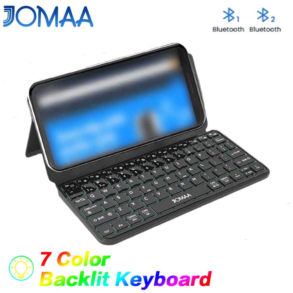 JOMAA Backlit Smartphone Keyboard,Mini Bluetooth Keyboard with Any-Angle Kickstand & Leather Cover,Foldable keyboard for phone