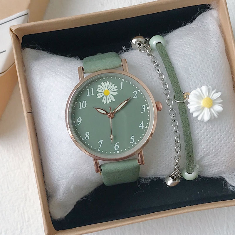 Harajuku estilo margarida relógio infantil simples quartzo couro verde rosa relógios para meninas com pulseira caixa de relógio presente reloj