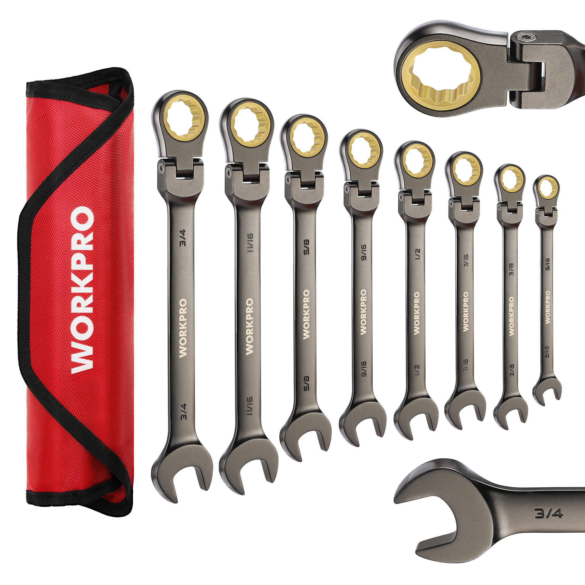 WORKPRO 8-częściowy zestaw kluczy płasko-oczkowych z grzechotką, SAE 5/16-3/4 cala, 72 zęby, wykonany z CR-V