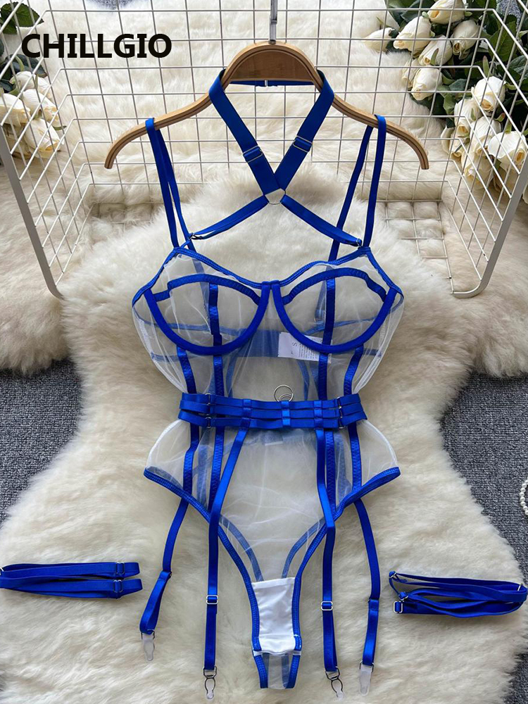 Chillgio Vrouwen Mesh Sexy Strappy Rompertjes Mode Erotische Uit Één Stuk Catsuits Lingerie Bodycon Transparante Combinatie Bodysuits