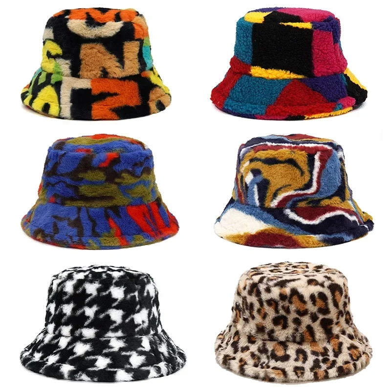 Nuovo inverno cappelli a secchiello soffice pelliccia uomo donna cappello Panama moda caldo berretto da pescatore lettera arcobaleno pied de poule leopardo stampato