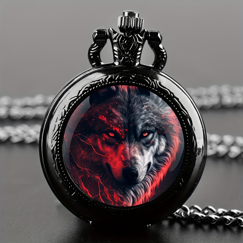 Relógio de bolso de quartzo com padrão animal de lobo exclusivo com pingente de colar preto recurso mundial, display analógico para mulheres, homens e crianças