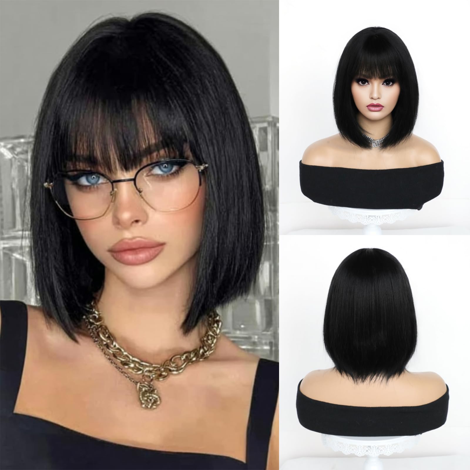 Novo preto bob penteado peruca sintética para festa, cosplay de halloween, uso diário conjunto de peruca acessório de cabelo de alta temperatura