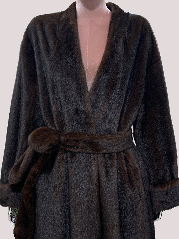 Mauroicardi primavera inverno elegante luxo longo grosso quente fofo macio marrom falso casaco de pele de vison feminino com decote em v profundo faixas 2025