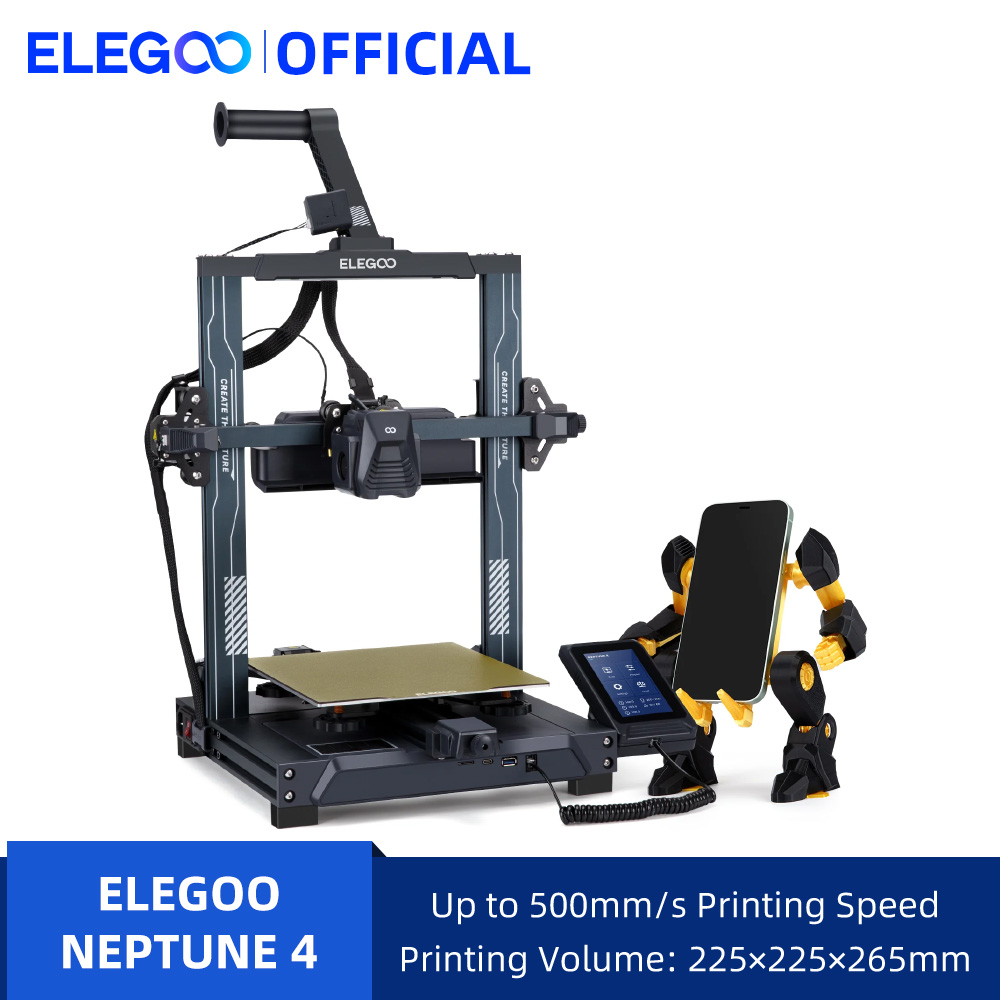 Impressora 3D FDM ELEGOO NEPTUNE 4 PRO com velocidade de até 500mm/s, nivelamento automático de mesa com 121 pontos, tamanho de impressão de 225x225x265mm.