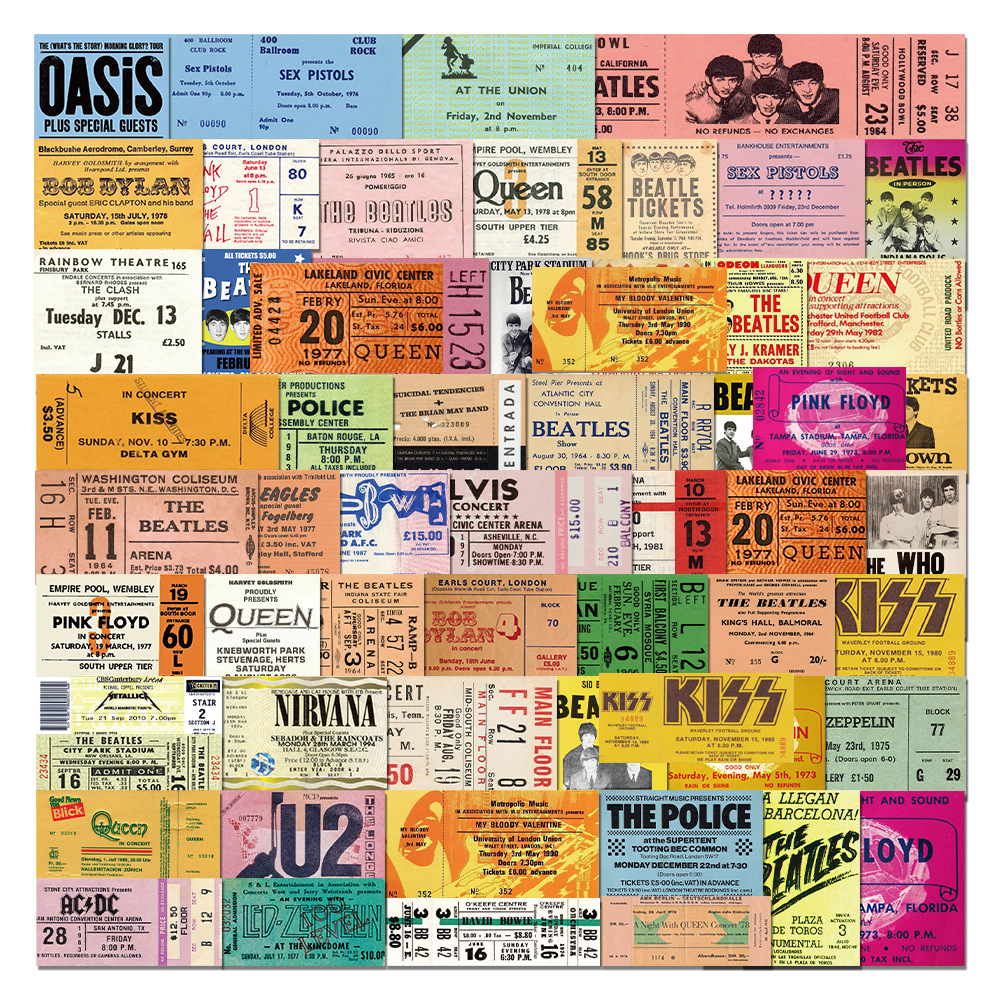 10/30/55pcs Retro Rock Band Tickets Graffiti Stickers Music Ticket Decal for Notebook Skateboard Guitar Classic Cool Sticker Toy
