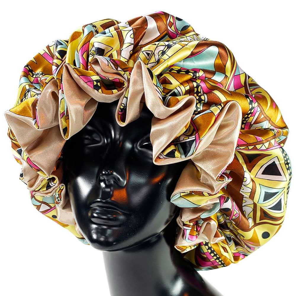 Boné feminino de cetim, camada dupla, sedoso, grande, para senhora, impressão, touca de dormir, envoltório de cabeça