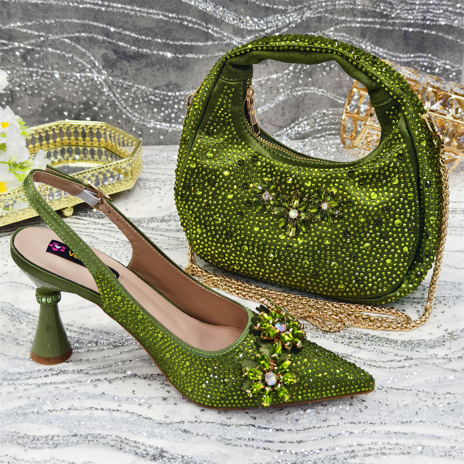 Venus Chan oliwkowy szpiczasty nosek damskie buty na wysokim obcasie buty i torby na imprezę Rhinestone wieczorowa elegancka luksusowa torebka