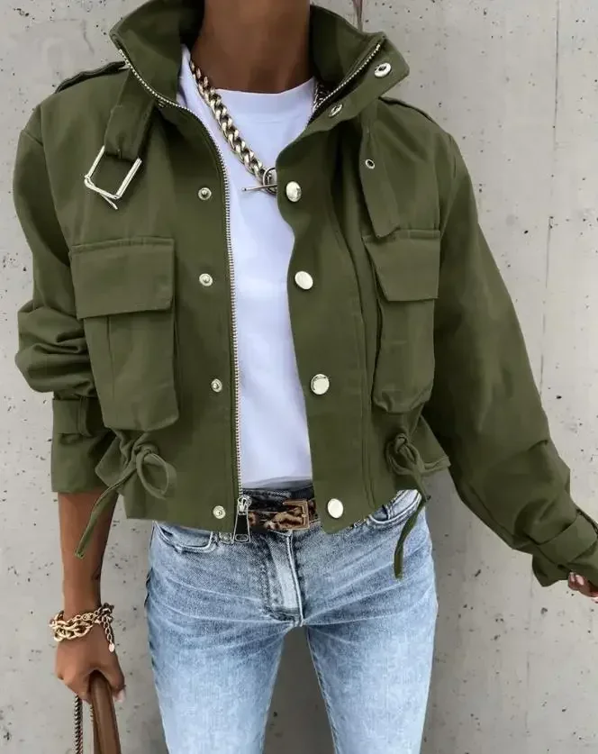 Kurtka damska odzież Streetwear eleganckie wąskie jednolity, z kieszenią z okrągłym dekoltem z guzikami wzorem płaszcze robocze z długim rękawem 2023 jesień