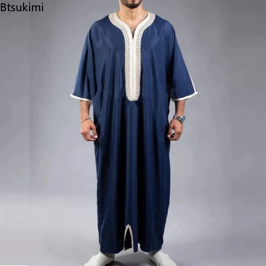 Nuevo 2025 hombres árabe musulmán moda ropa islámica hombres bordado Jubba Thobes Homme caftán marroquí Eid oración vestido largo