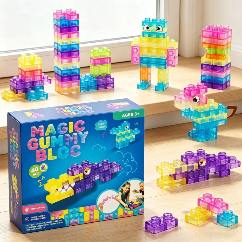 40 Pcs Squeeze Toys Squishy Toys Soft Jelly Building Blocks Sensory Toys for Toddlers Gummy Bloc Squishy Cube Rubber Gift
