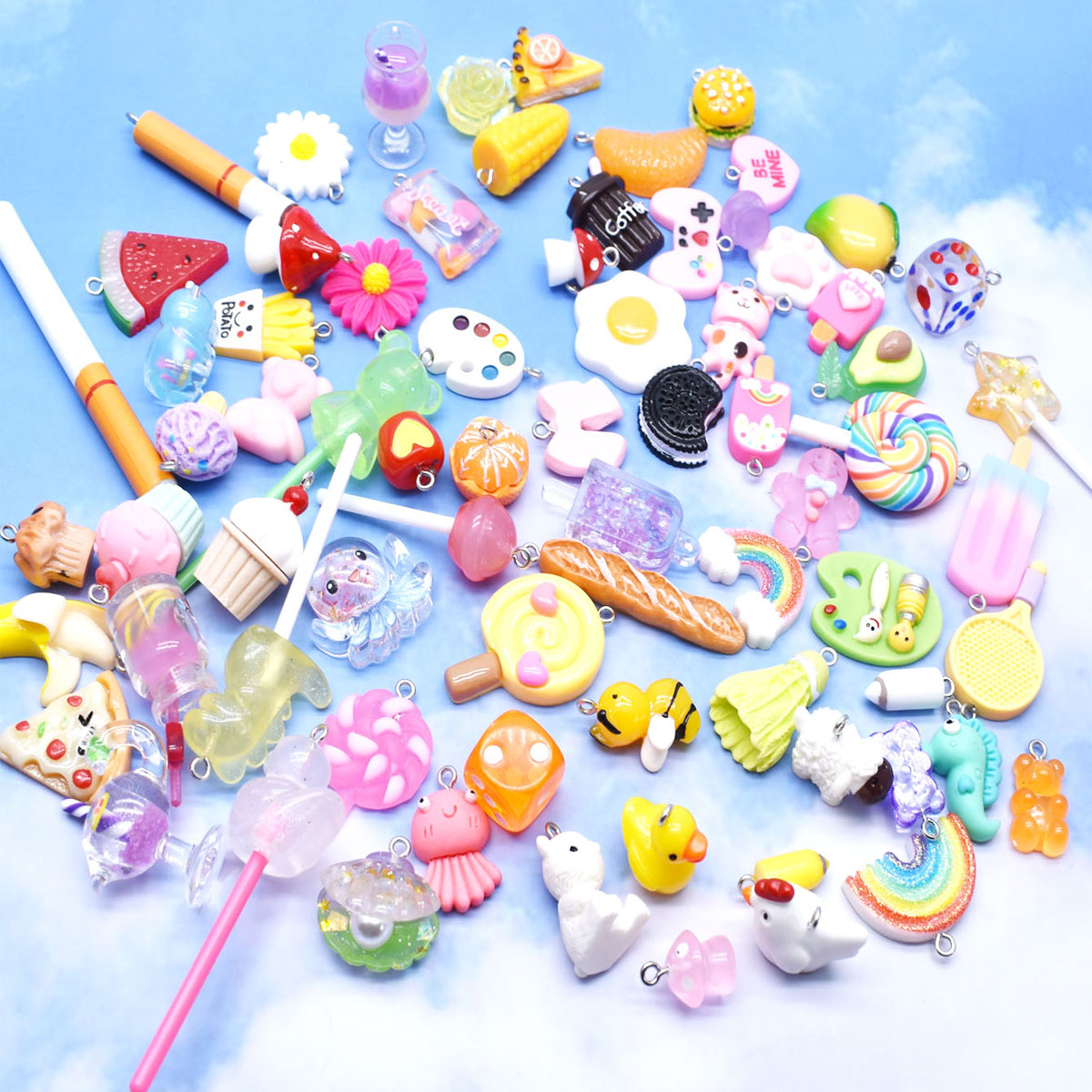 Cute Cartoon Lollipops Charms, DIY Handmade Jóias, Simulação Aleatória, Animais Bebidas, Frutas Coloridas, Brinco, Colar, 10pcs