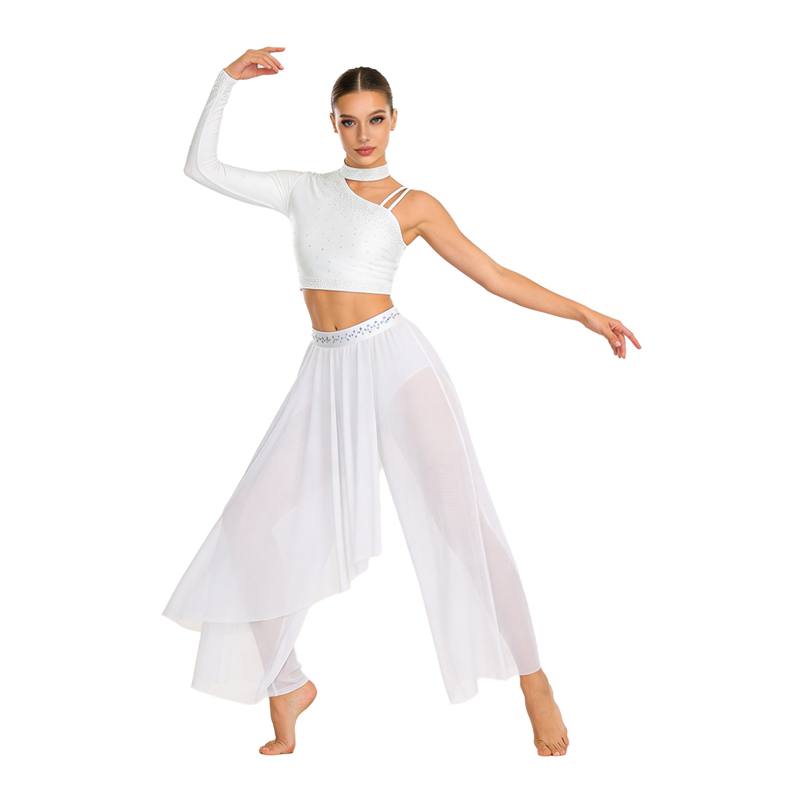 Womens Lyrical Contemporary Dance Costume One-shoulder Rhinestone Crop Tops with Skirt Leotards for Ballet Skating Gymnastics