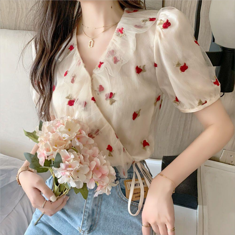 Blusa de gasa con cuello en V para mujer, camisa Floral informal coreana, jersey de manga corta abullonada, Tops de verano, novedad