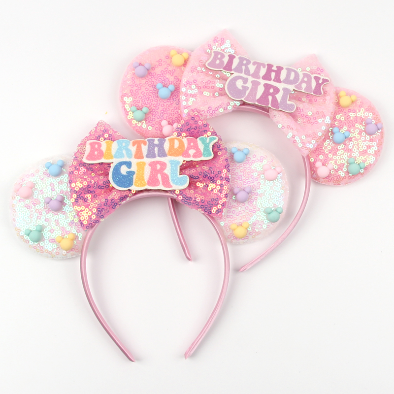 Mädchen alles Gute zum Geburtstag Minnie Maus Ohren Stirnbänder Disney Maus Ohren Cartoon Pailletten 5''Bogen Haarband Kind Party DIY Haar Zubehör
