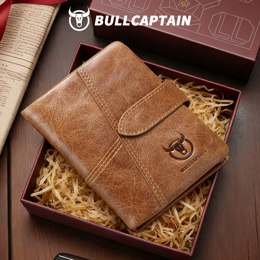BULLCAPTAIN Echtleder Herren-Geldbörse RFID-Blockierung Vintage Bifold Kurze Geldbörse Rindsleder Kreditkartenhalter mit Münzfach
