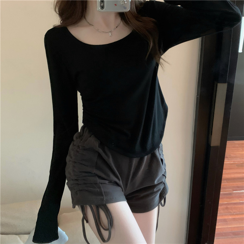 女性のためのエレガントな長袖Tシャツ,スリムなショートトップ,薄いセクション,気質
