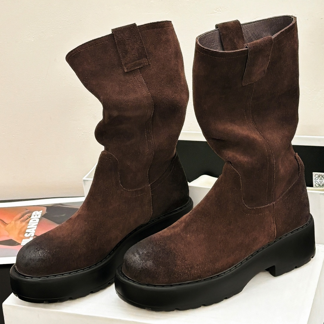 2025 Women's suede leather thick sole platform flat slip-on autumn mid-calf boots causal female punk half boots shoes for woman