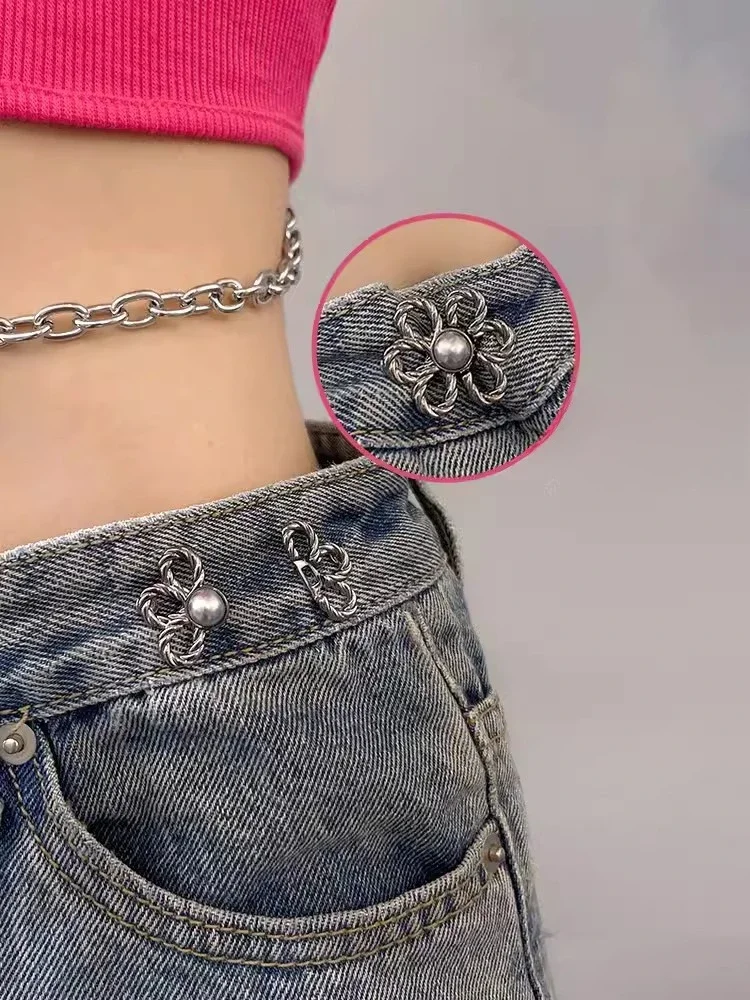 Botones de ajuste de cintura de pantalones vaqueros, hermoso botón de flor de Metal hueco, pantalones de mujer, botones anchos a estrechos de cintura