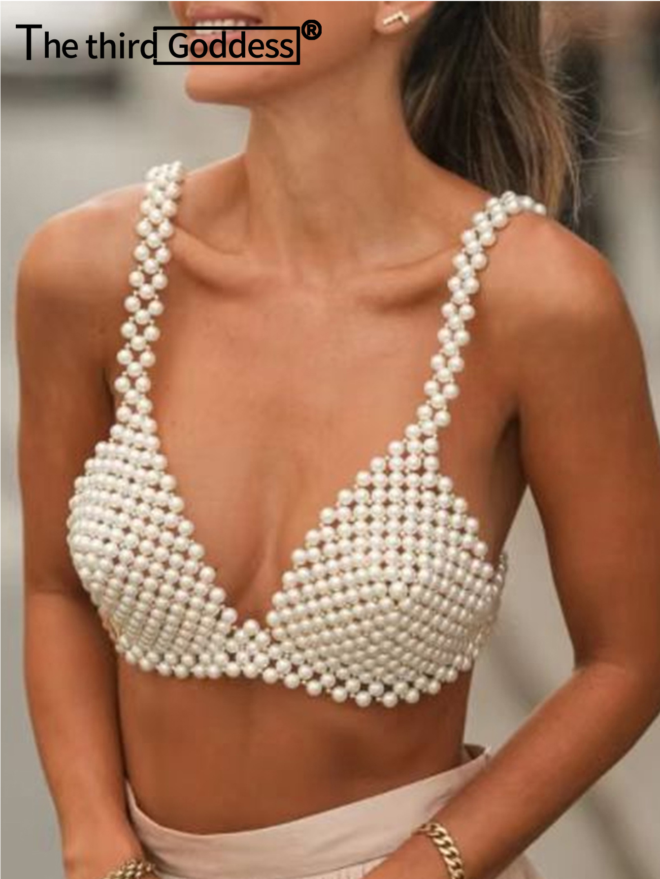 Sexy y2k clothes pearl corset crop top women summer elegante party halter tank top woman see through club outfits cropped tops