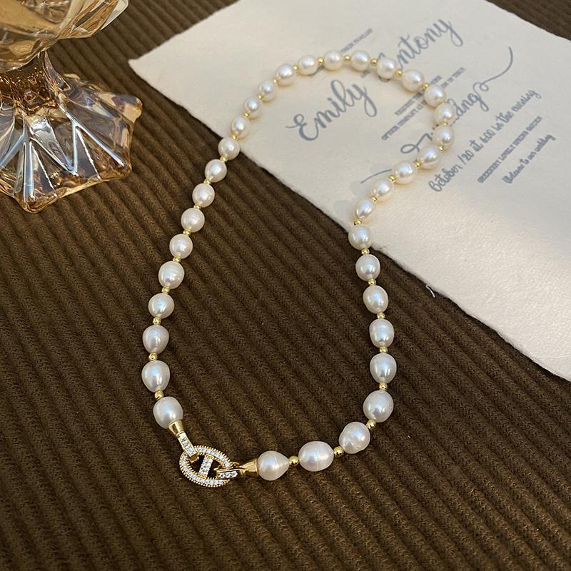 Recién llegado, elegante cerradura de cristal brillante, perla Natural de agua dulce, relleno de oro de 14K, collar de cadena corta para mujer, joyería, regalos de fiesta