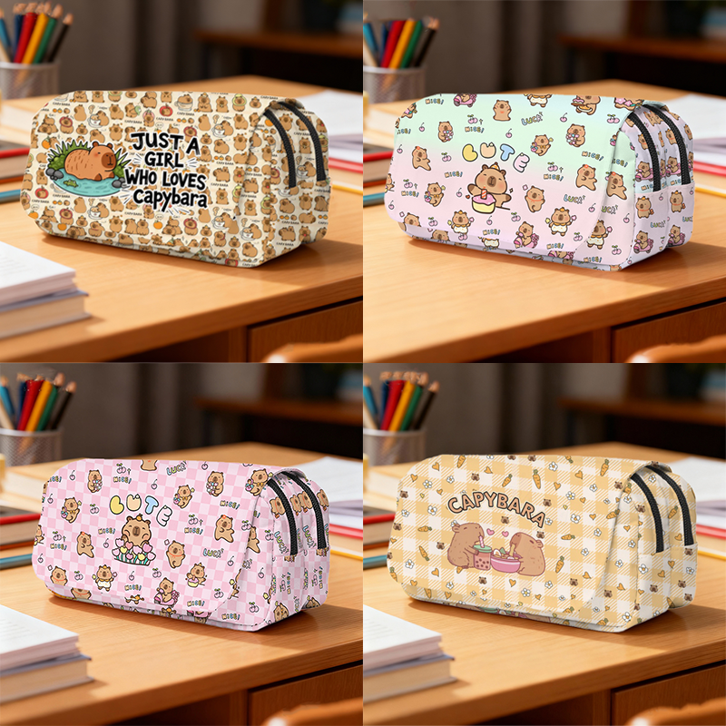 Estojo de Maquiagem Kawaii de Capivara, Bolsa de Lápis de Dupla Camada, Estojo de Material Escolar de Grande Capacidade