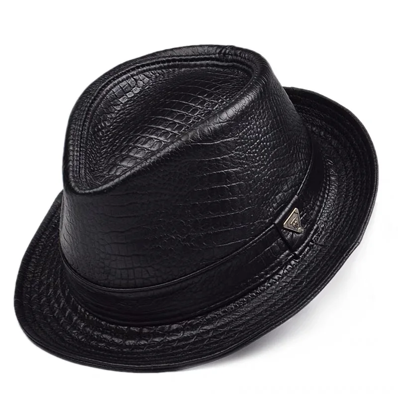 Mężczyzna wysokiej jakości prawdziwej skóry Jazz Fedora Gentleman skóra bydlęca z krótkim rondem czarny/brązowy dopasowany cylinder nadruk krokodyla
