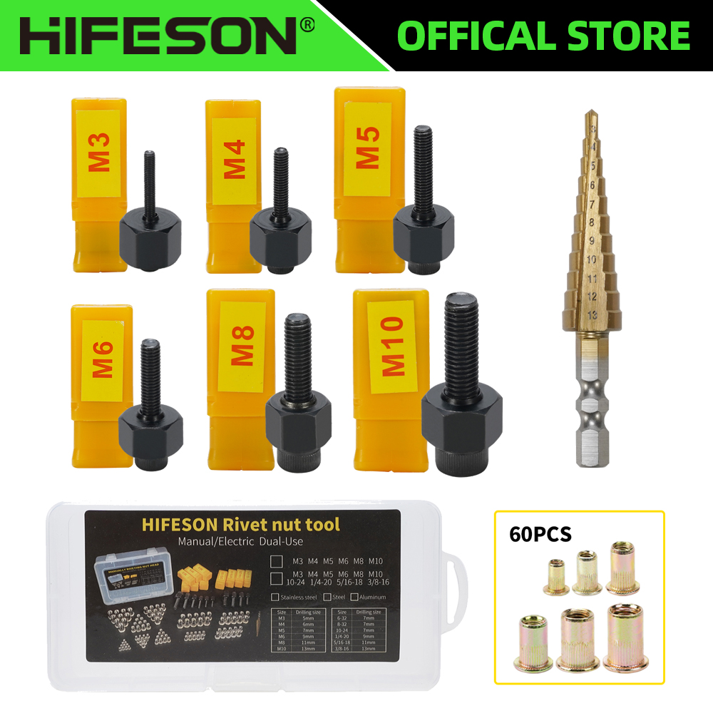 Hifeson ferramenta de porca rebite mão porcas rivnut rebitador ferramenta com passo broca acessório porcas rebite para porcas m3 m4 m5 m6 m8 m10 rebitadeira rebite rebitadeira de rosca arrebitadeira rebitadeira eletric