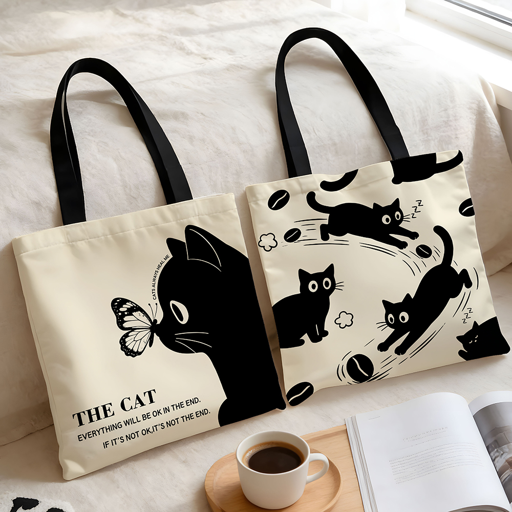 1 bolso de lona con estampado de gato negro y café, con un lindo estampado de gatito y motivos de café con leche y granos de café, bolso de hombro estilo boho ecológico