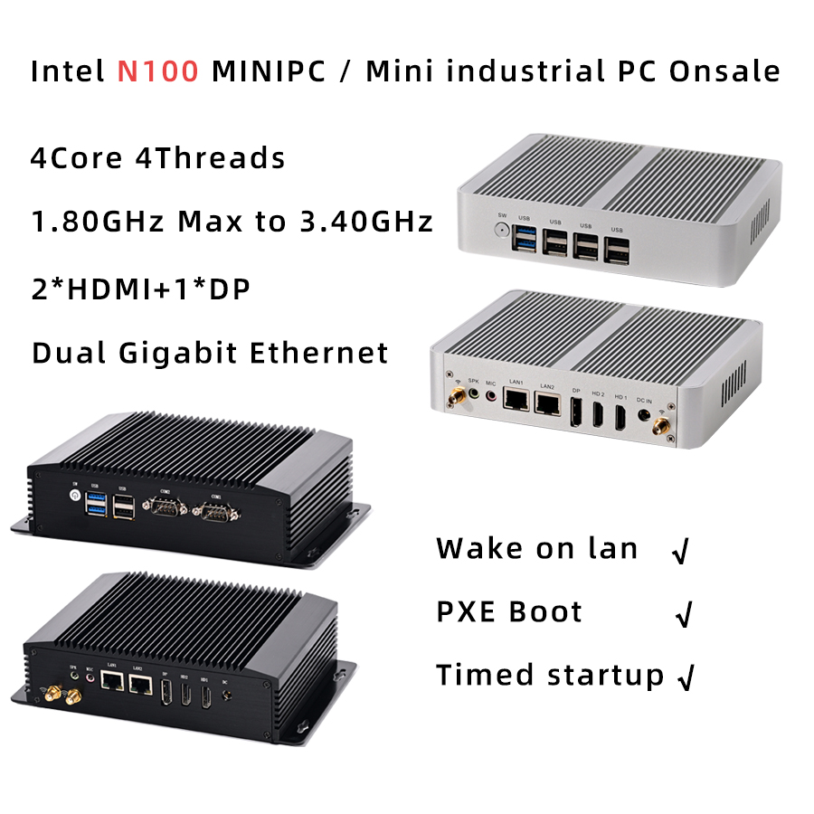 MINIPC Intel N100 sin ventilador, Mini PC industrial, Dual LAN, 2 x HDMI2.0, 4K, 60Hz + DP 3, pantalla DDR4, baja potencia, 0 ruido